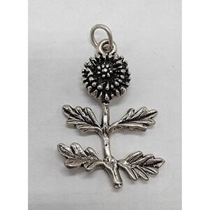 Sterling Silver 3D 27x20mm Sunflower Dandelion Sun Flower, Leaves & Stem Charm
